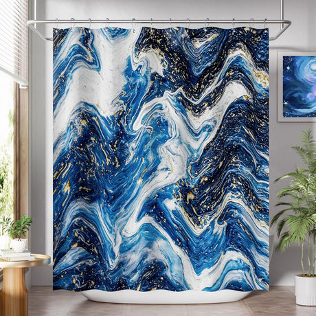 Marble-patterned shower curtain with blue, white, and gold colors in a bathroom setting.