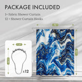 Fabric shower curtain with hooks and product dimensions displayed.