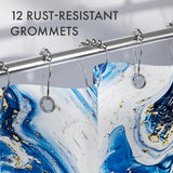 Shower curtain with blue and white abstract pattern and 12 rust-resistant grommets.