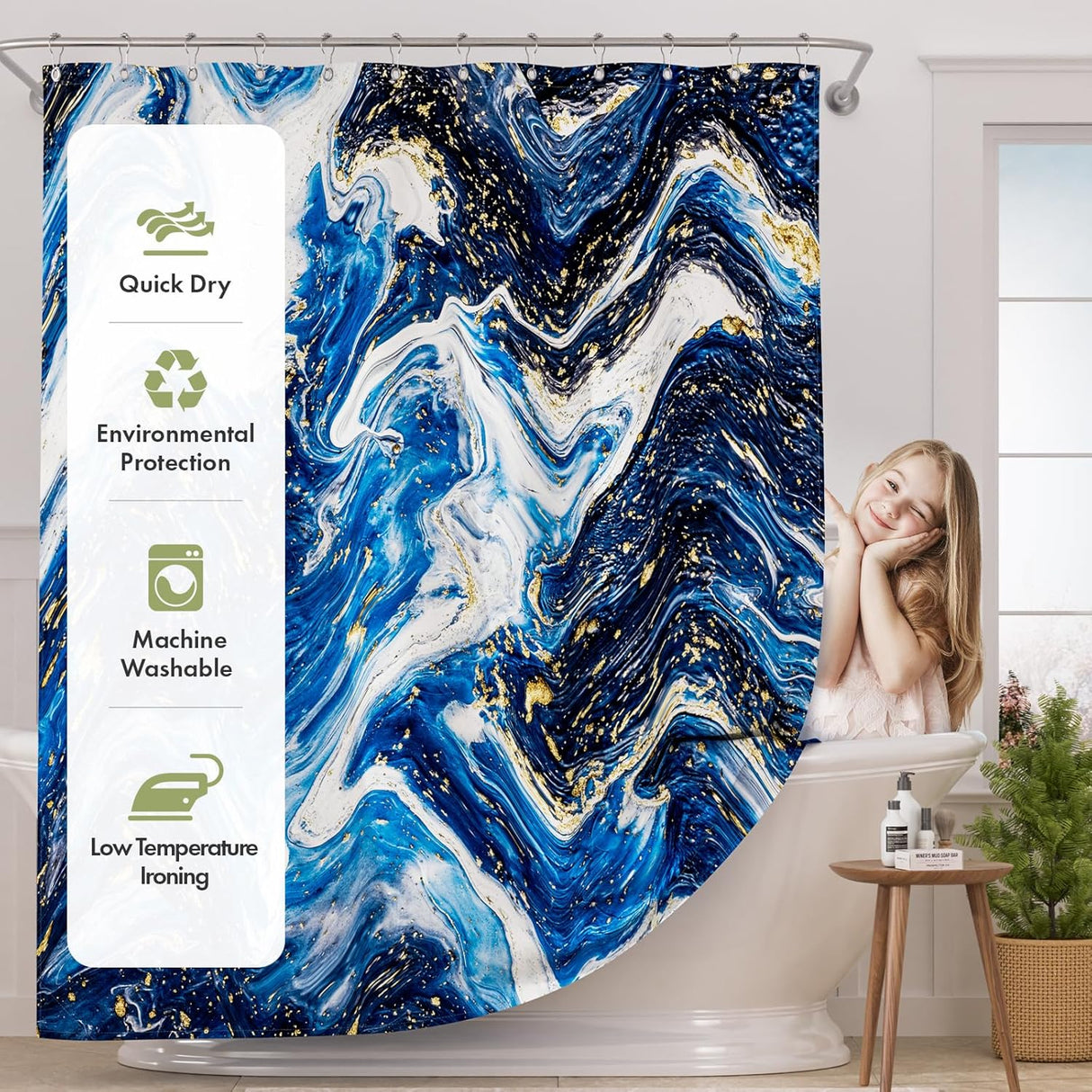 Shower curtain with blue and gold abstract design and product features on the left.