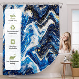 Shower curtain with blue and gold abstract design and product features on the left.