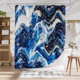 Marble-patterned shower curtain with blue, white, and gold colors in a bathroom setting.