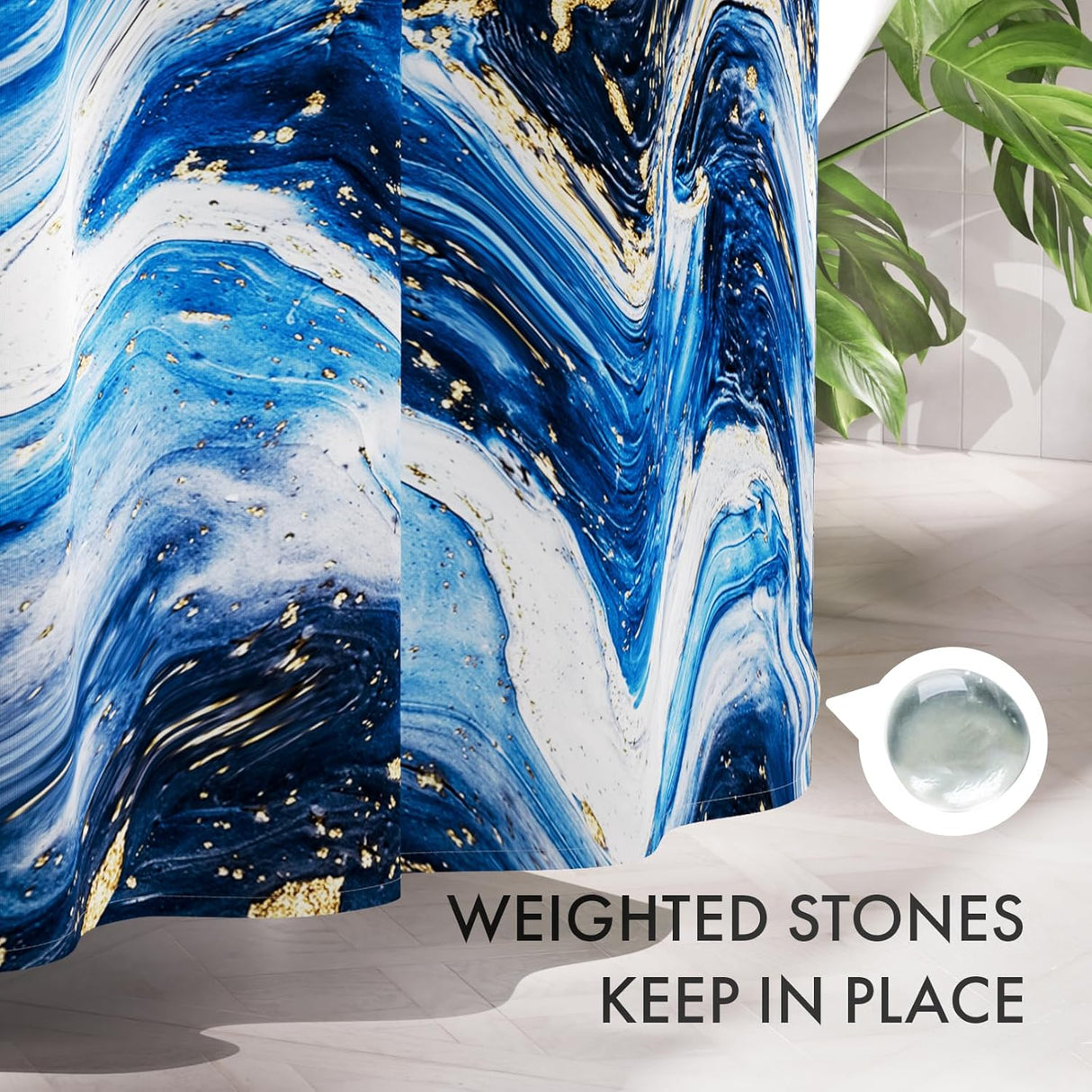 Blue and white marbled stone with gold flecks, labeled 'Weighted Stones Keep in Place', on a light background.