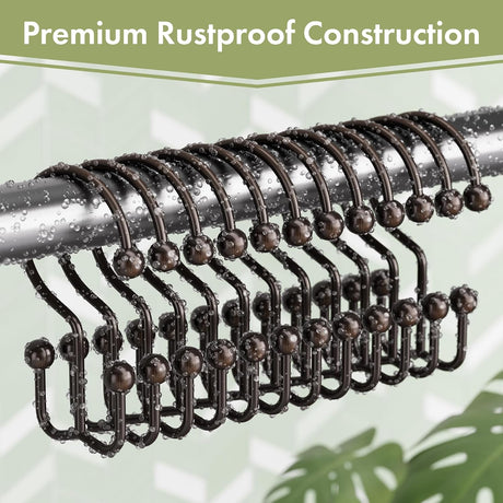 Set of 12 bronze metal double shower curtain hooks with a premium rustproof finish on a shower rod.