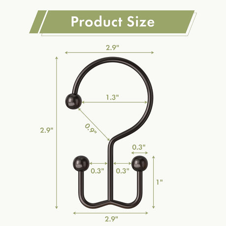 Bronze minimalist double shower curtain hook with detailed 2.9-inch dimensions and dual-hook measurements.