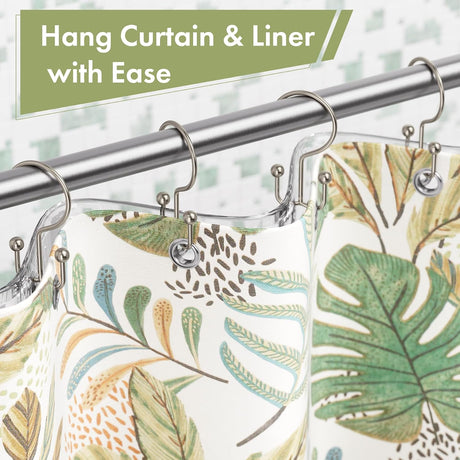 Nickel double shower curtain hooks hanging a decorative curtain and liner separately with ease.