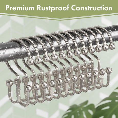 Set of 12 nickel metal double shower curtain hooks with a premium rustproof finish on a shower rod.