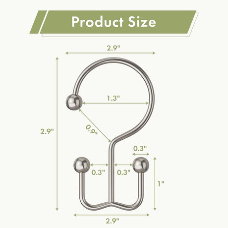 Nickel minimalist double shower curtain hook with detailed 2.9-inch dimensions and dual-hook measurements.