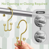 Gold hook with a hand holding it, attached to a metal rod with text 'No Opening or Closing Required' on a light gray background.