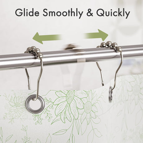 Curtain hooks on a rod with text 'Glide Smoothly & Quickly' and floral design in the background.