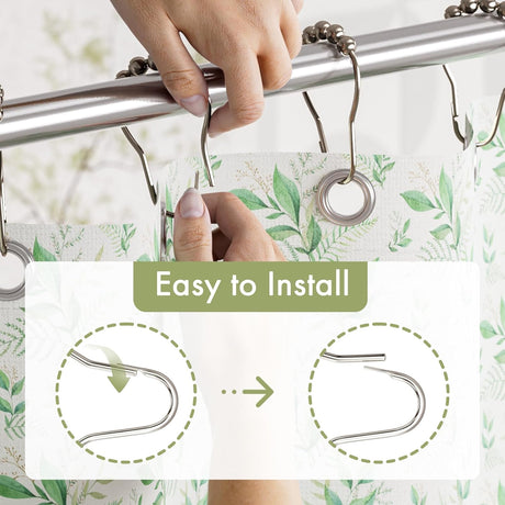 Metal shower curtain hooks being installed with a hand, accompanied by an 'Easy to Install' text and visual guide.