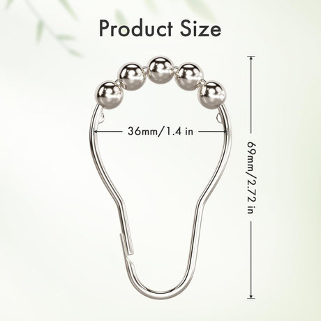 Silver safety pin with beads and measurements on a white background
