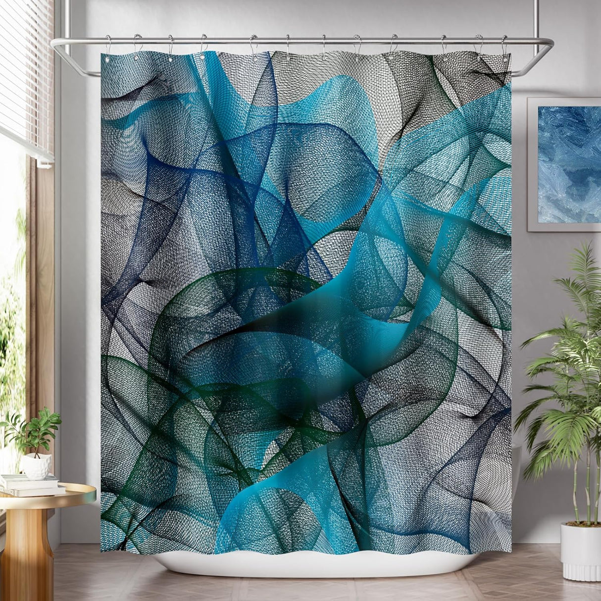 Shower curtain with abstract blue and gray design in a bathroom setting