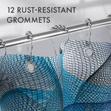 Shower curtain with rust-resistant grommets on a metal rod against a neutral background
