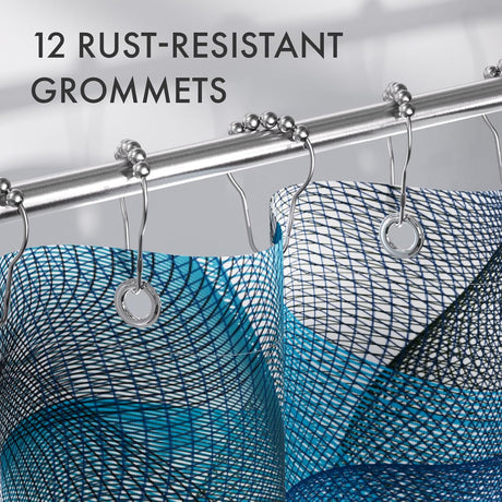 Shower curtain with rust-resistant grommets on a metal rod against a neutral background