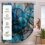 Shower curtain with blue and gray abstract pattern and product features on a bathroom setting.