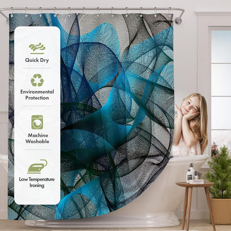 Shower curtain with blue and gray abstract pattern and product features on a bathroom setting.