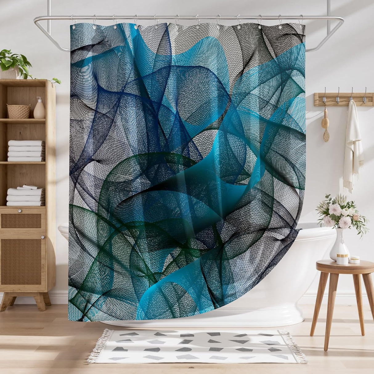 Abstract patterned shower curtain in a bathroom setting