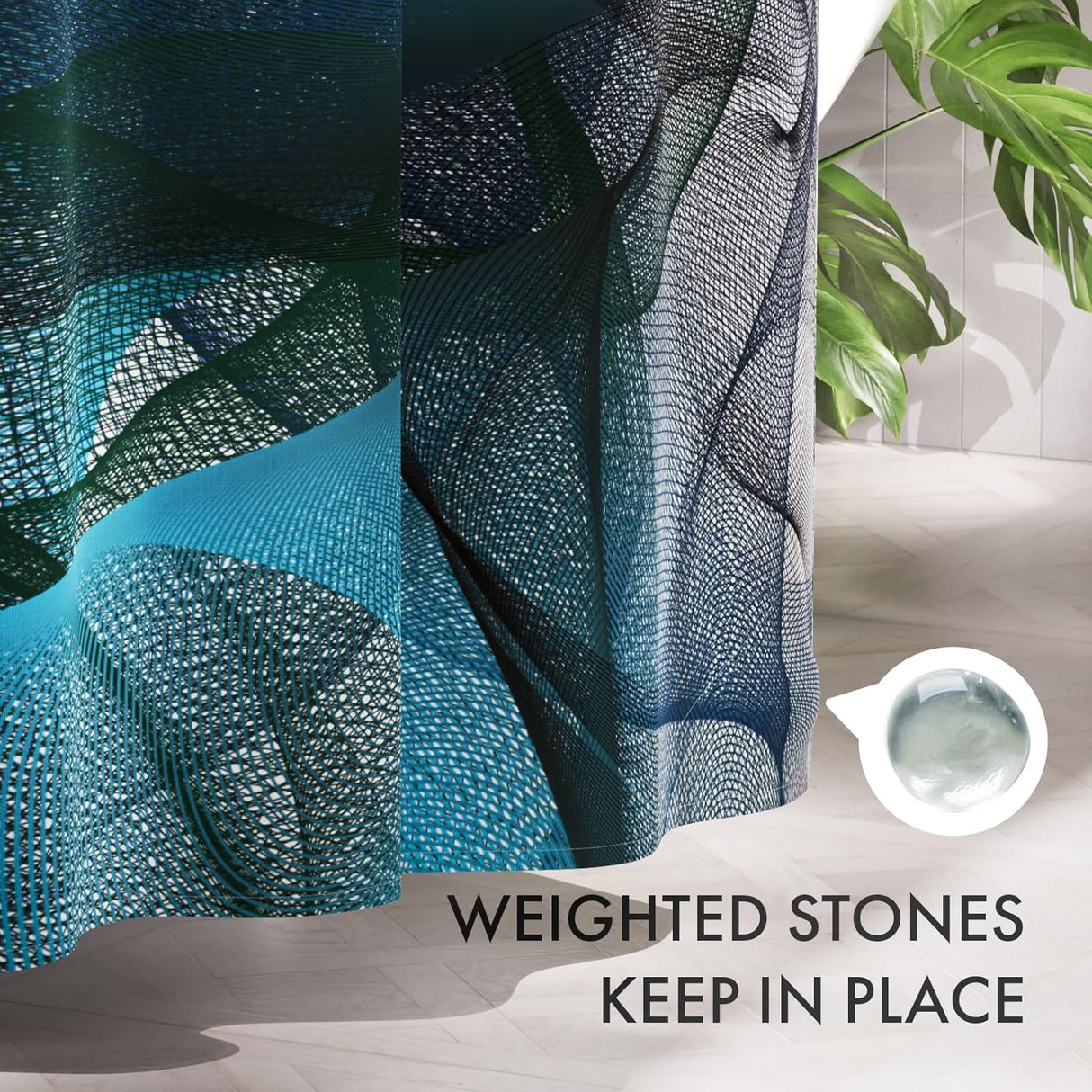 Textured blue and green fabric with a small white container labeled 'Weighted Stones' on a light background.