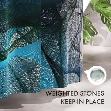 Textured blue and green fabric with a small white container labeled 'Weighted Stones' on a light background.