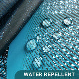 Close-up of water droplets on water-repellent fabric with 'WATER REPELLENT' text.
