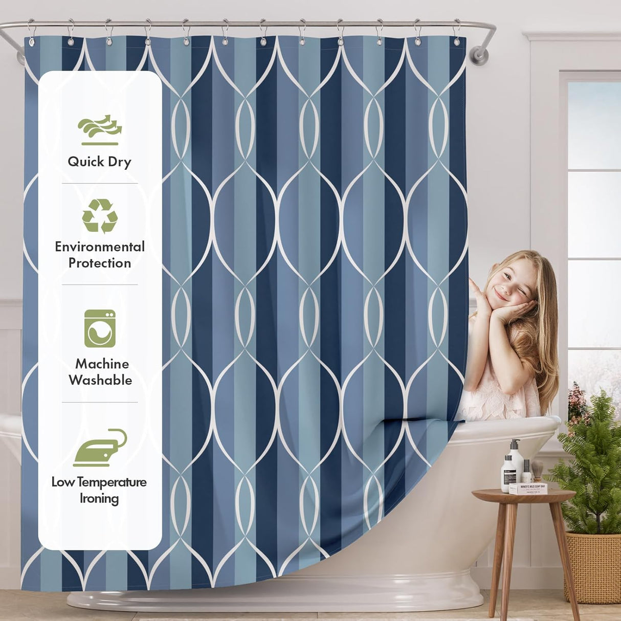 Shower curtain with geometric pattern and product features label in a bathroom setting