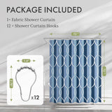 Shower curtain with hooks and product dimensions on a gray background