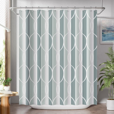 Shower curtain with geometric pattern in a bathroom setting