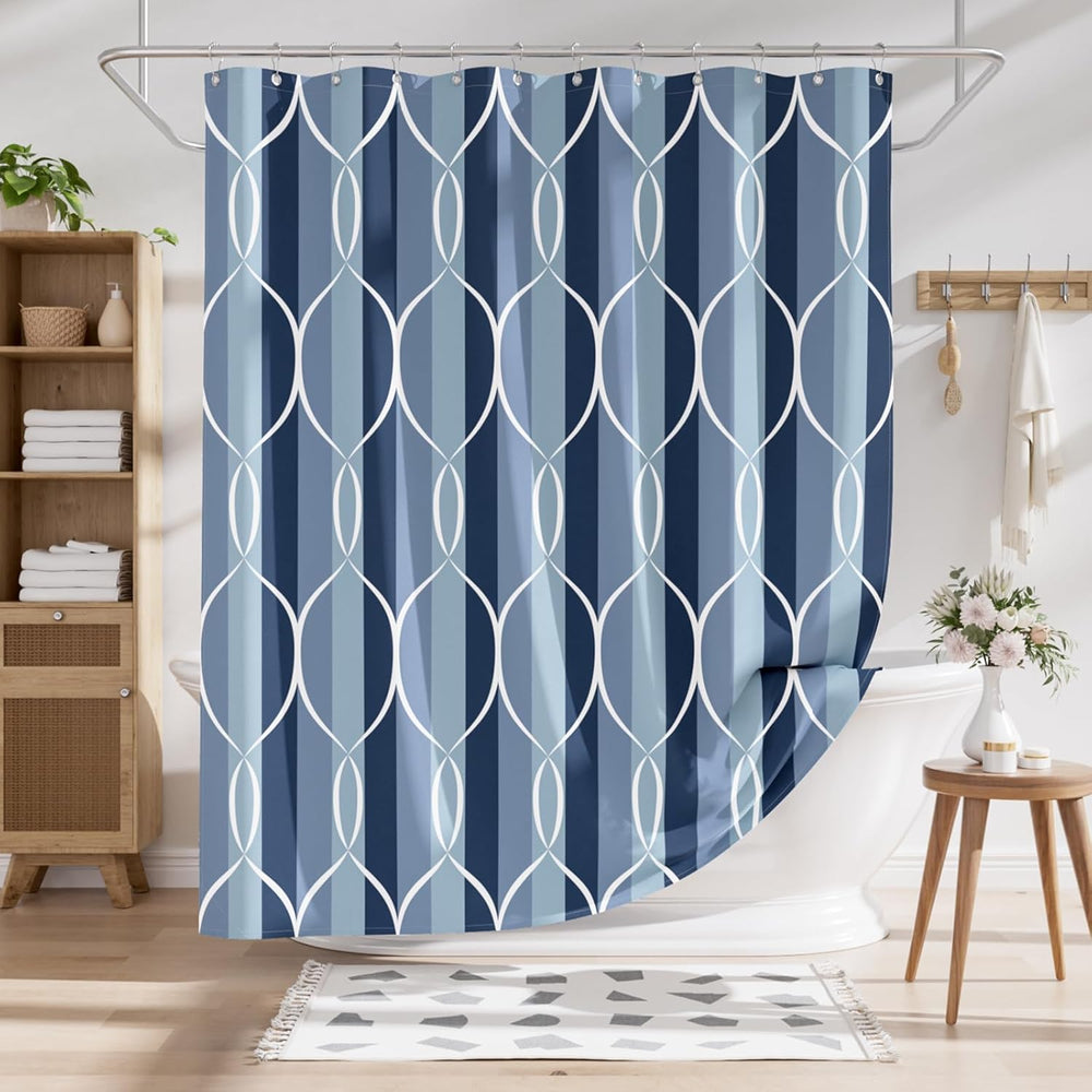 Blue and white patterned shower curtain in a bathroom setting