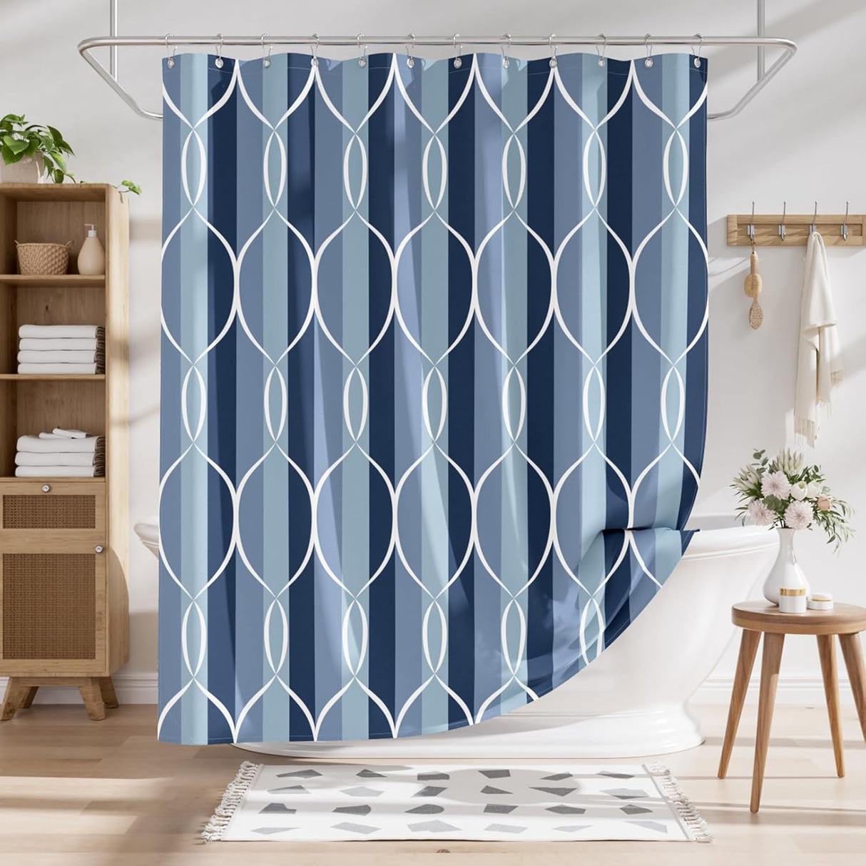 Blue and white patterned shower curtain in a bathroom setting