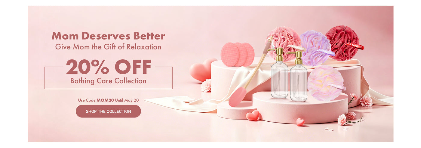 Promotional banner for a bathing care collection with 20% off offer on a pink background.