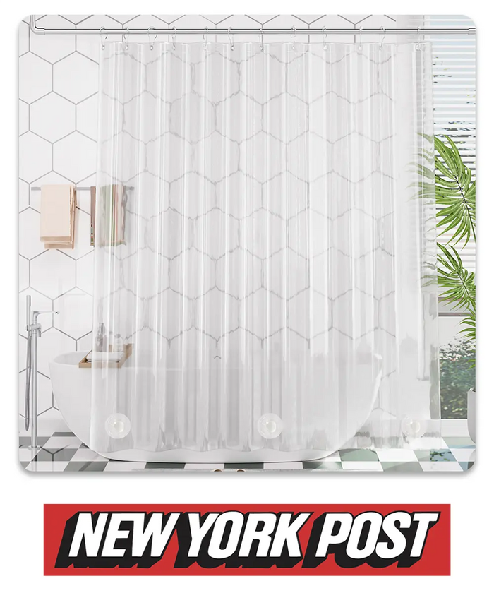 AmazerBath clear geometric shower curtain liner styled in a white bathroom, featured by the New York Post