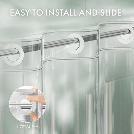 Clear shower curtain with metal rod and text 'Easy to install and slide' on a light green background