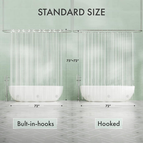Measurement chart showing standard size of shower curtains with built-in hooks and hooked options.