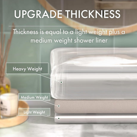 Shower liner with weight labels on a bathroom counter
