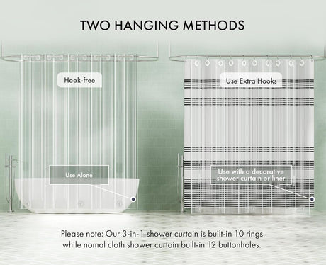 Shower curtain with text explaining two hanging methods on a light green background.