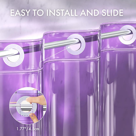 Purple shower curtain with metal rod and text 'Easy to install and slide' on a light gray background.