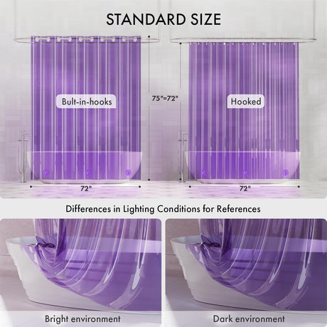 Purple shower curtain with measurements and lighting conditions displayed