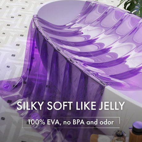 Purple shower curtain liner mold on a white surface with text highlighting material properties.