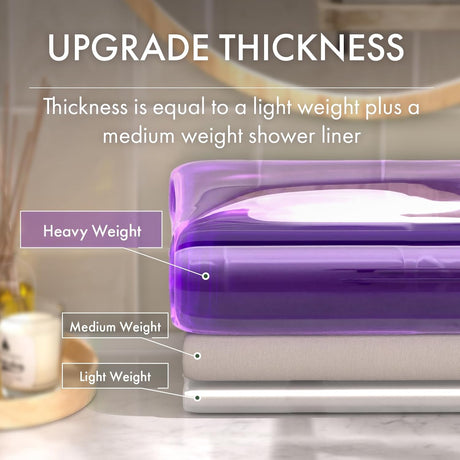 Purple shower liner with weight labels on a blurred bathroom background