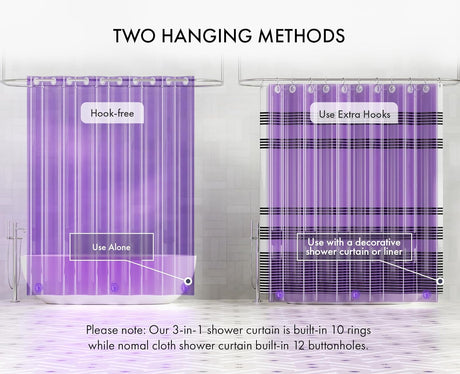 Purple shower curtain with text explaining two hanging methods on a white background