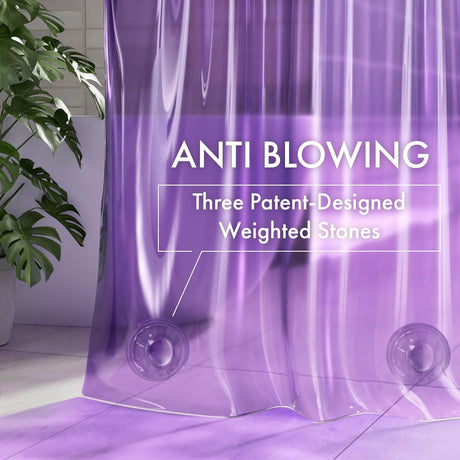 Purple weighted stones with 'Anti Blowing' text and plant in the background