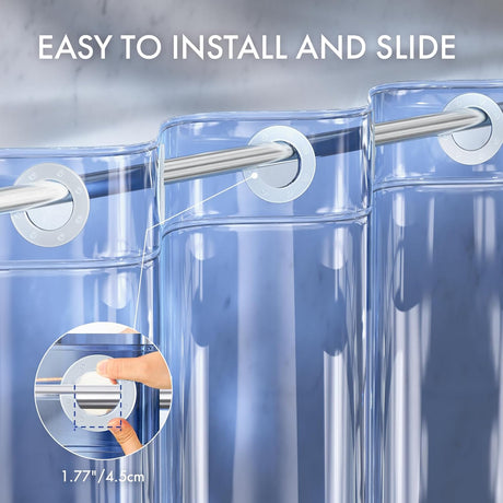Clear shower curtain with metal rod and text 'Easy to install and slide' on a gray background