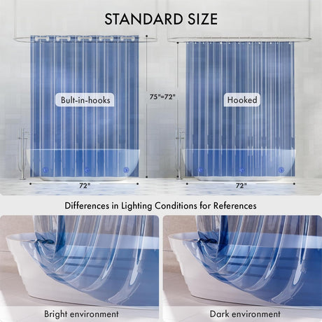 Measurement chart for shower curtains with labeled dimensions and examples of lighting conditions.
