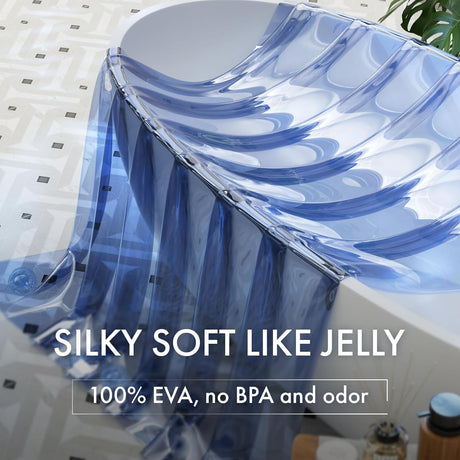 Blue jelly-like product on a white surface with text highlighting its properties.
