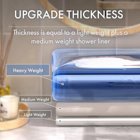 Roll of shower liner with weight labels on a bathroom counter