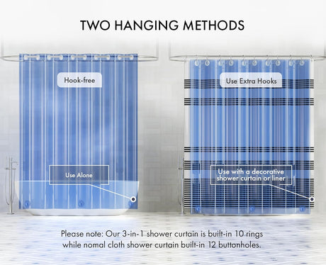 Two shower curtain hanging methods with text labels on a white background