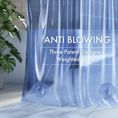 Blue curtain liner with weighted stones on a tiled floor, featuring text 'ANTI BLOWING' and 'Three Patent-Designed Weighted Stones'.