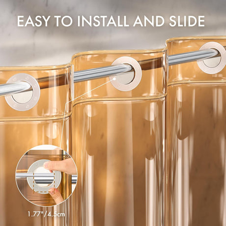 Clear shower curtain with metal rings and text 'Easy to install and slide' on a blurred background.