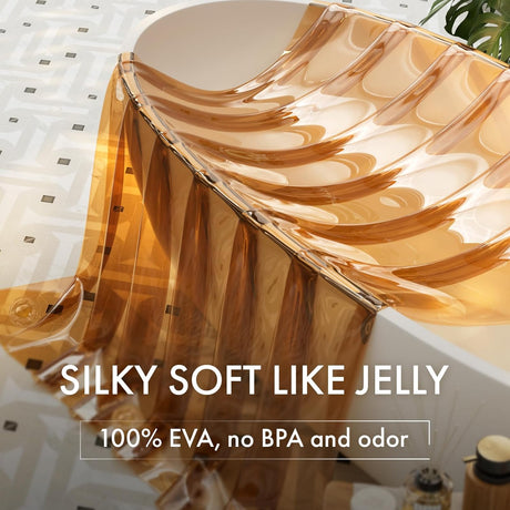Transparent jelly-like product with text highlighting its properties on a bathroom background